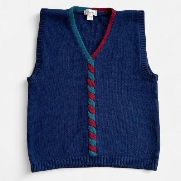 Stevemor Sweaters - Vintage Stevemor Navy Blue Acrylic Knit With Green & Burgundy Twist Sweater Vest
